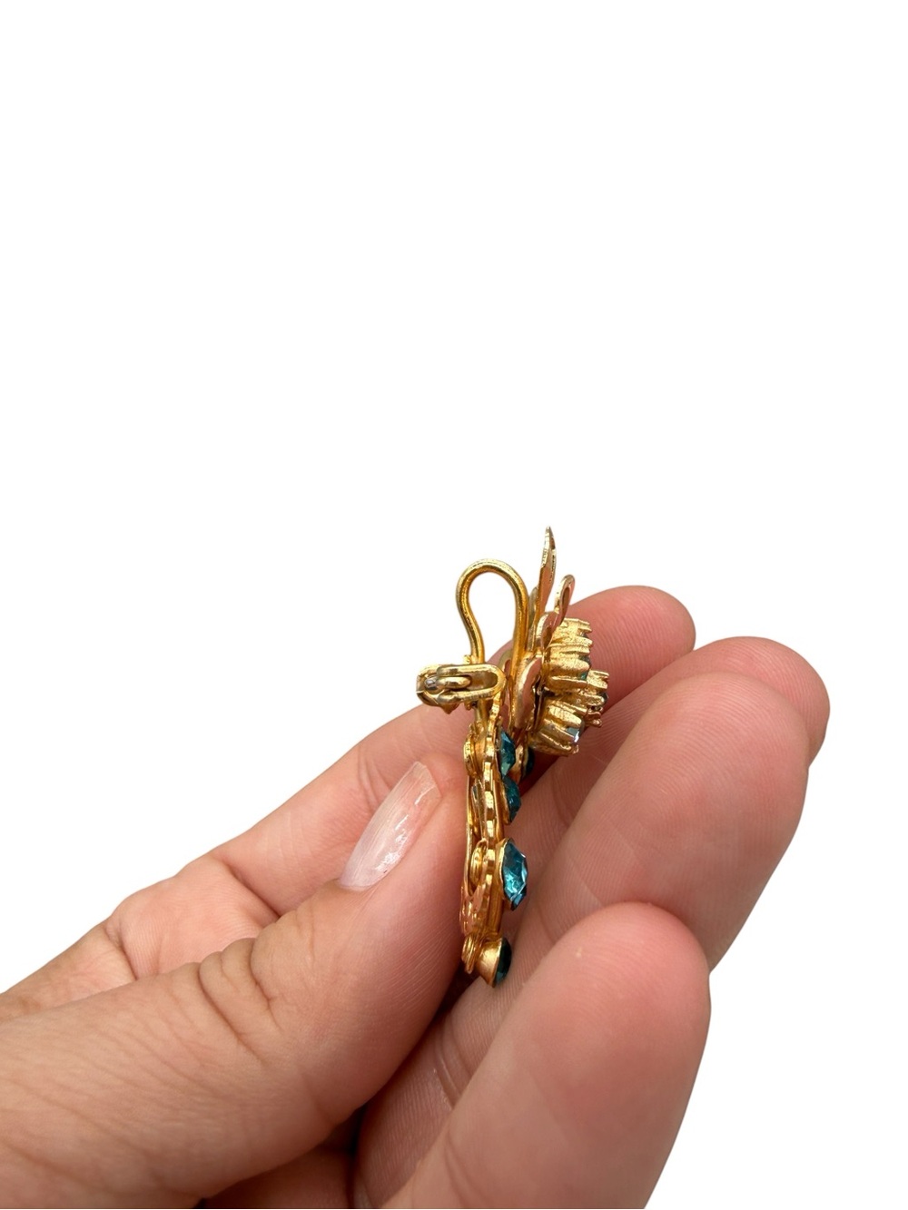 Vintage Mid-Century Gold-Tone Brooch with Aqua Blue Stones & Necklace Bail - Picture 5 of 6